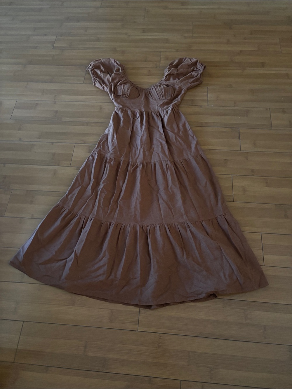Tiered Maxi Dress with Puff Sleeves in Brown